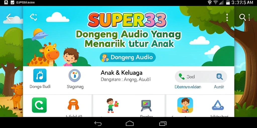 Tampilan antarmuka aplikasi Dongeng Audio SUPER33 yang interaktif dan menarik.
